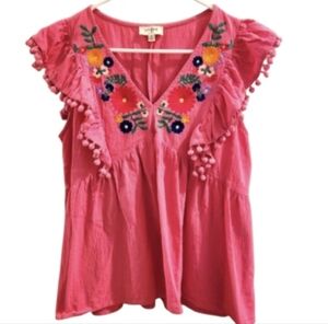 Umgee Pink Boho Festival Embroidered Blouse V Neck Fringe Flutter Top SZ Medium